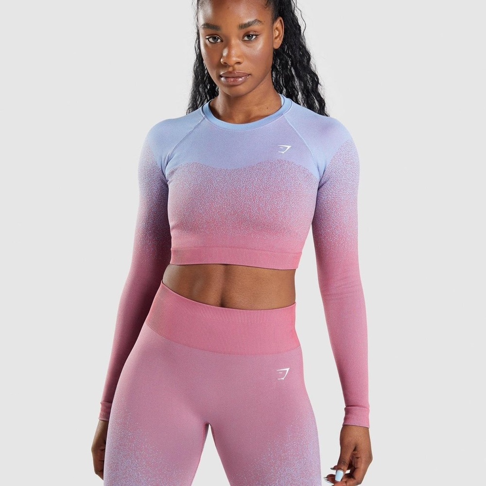 GYMSHARK ADAPT OMBRE SEAMLESS ROSE PINK/ LIGHT BLUE THREE PIECE WORKOUT SET XS/S